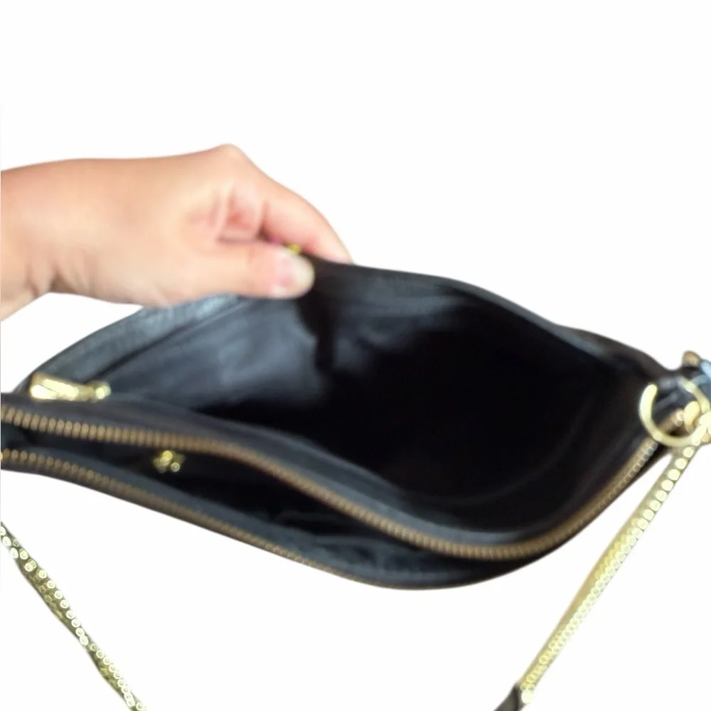 FOSSIL‎ BLACK LEATHER GOLD CHAIN CROSSBODY HANDBAG SHOULDER BAG PURSE